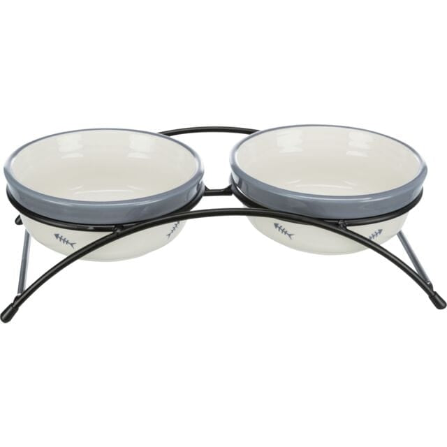 Trixie elevated double ceramic cat food and water bowls with blue fish design in black metal stand