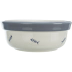 Side view of Trixie elevated ceramic cat bowl with blue fish design and grey rim
