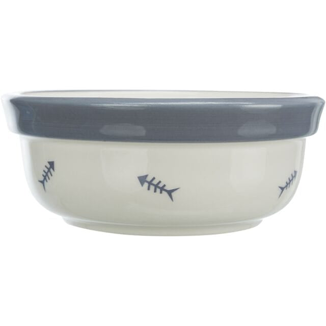 Side view of Trixie elevated ceramic cat bowl with blue fish design and grey rim