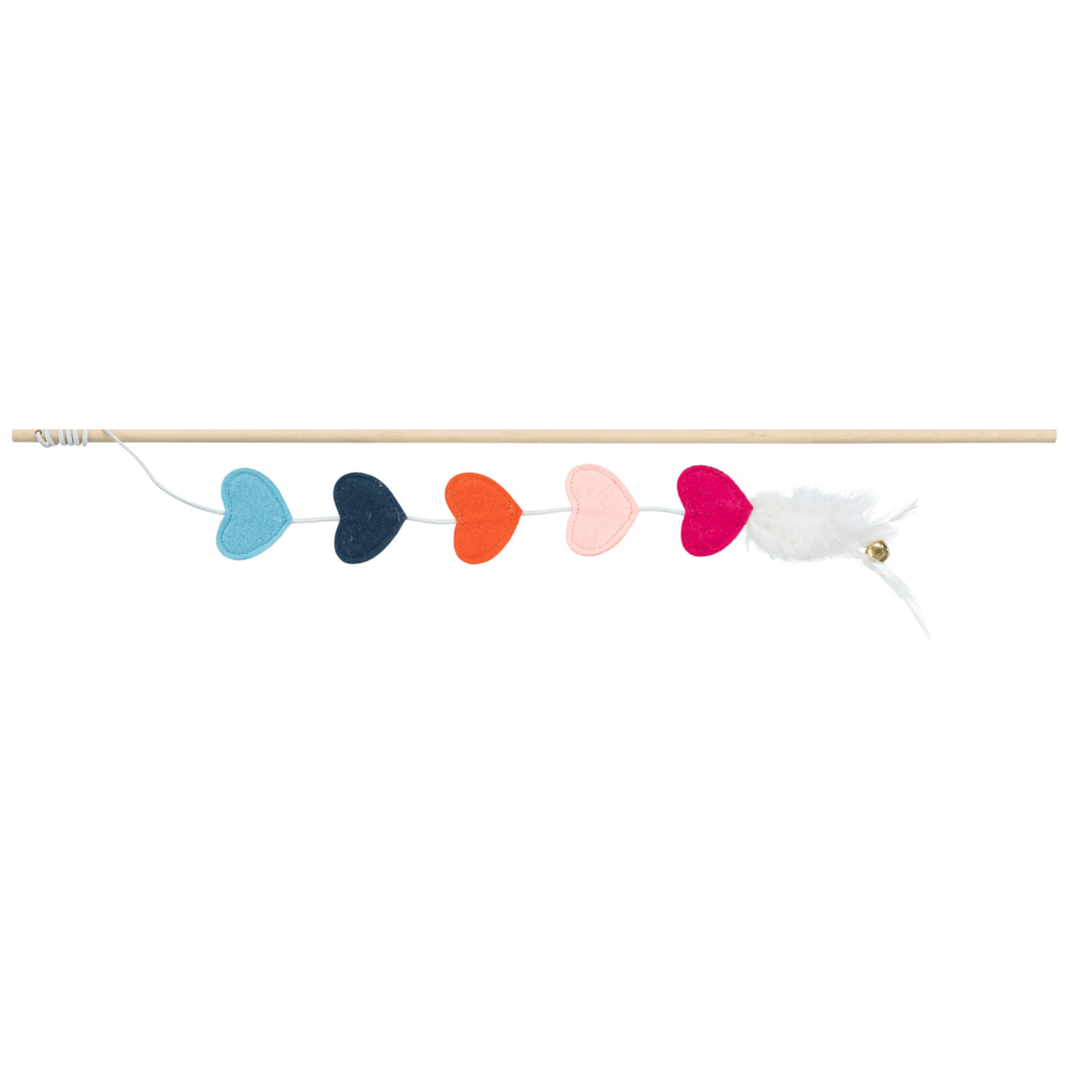 Trixie Felt Hearts Catnip Teaser displayed horizontally, showing five blue, orange and pink felt hearts, white feathers and wooden wand.