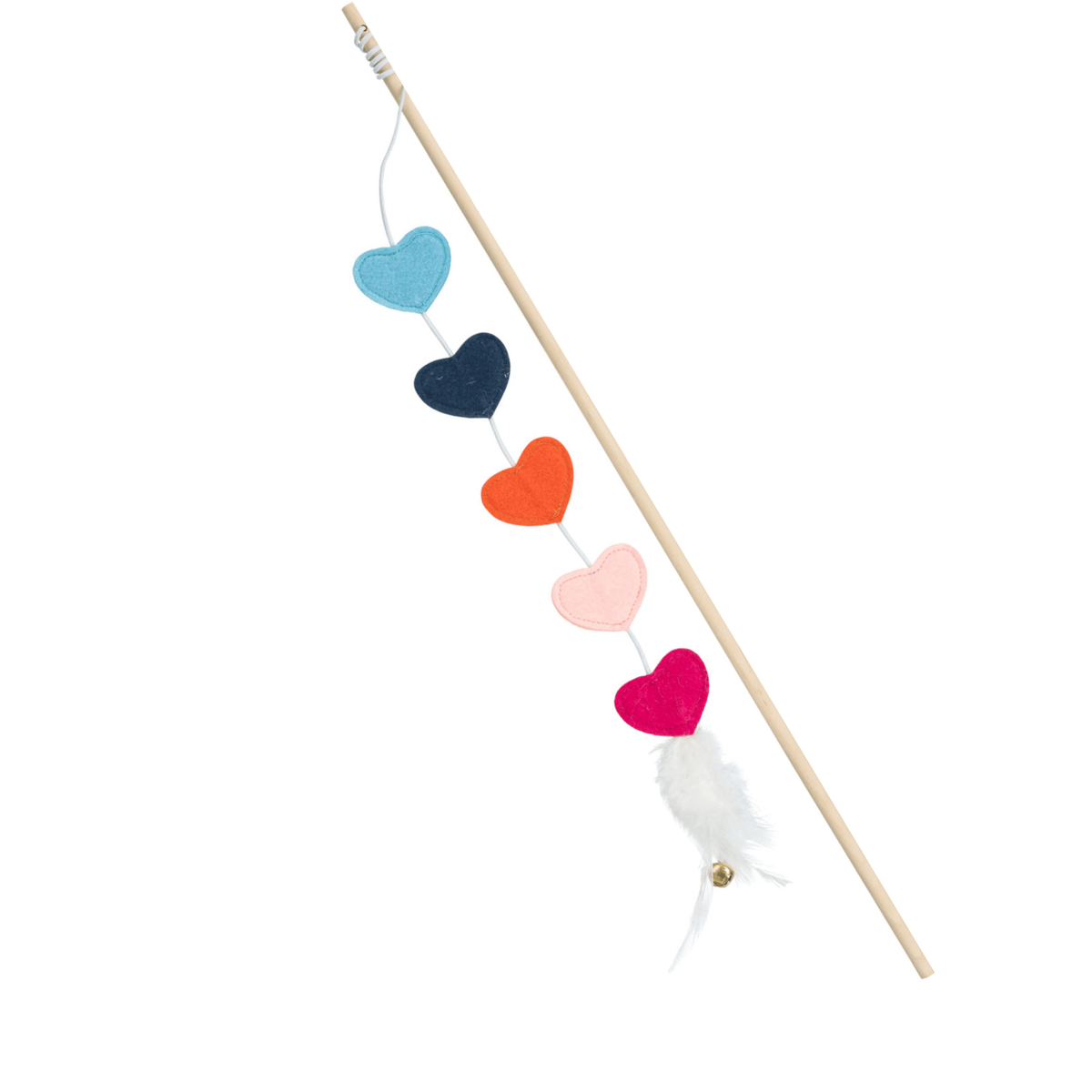 Trixie Felt Hearts Catnip Wooden Teaser with five colourful felt hearts, wooden wand, white feathers and small gold bell.