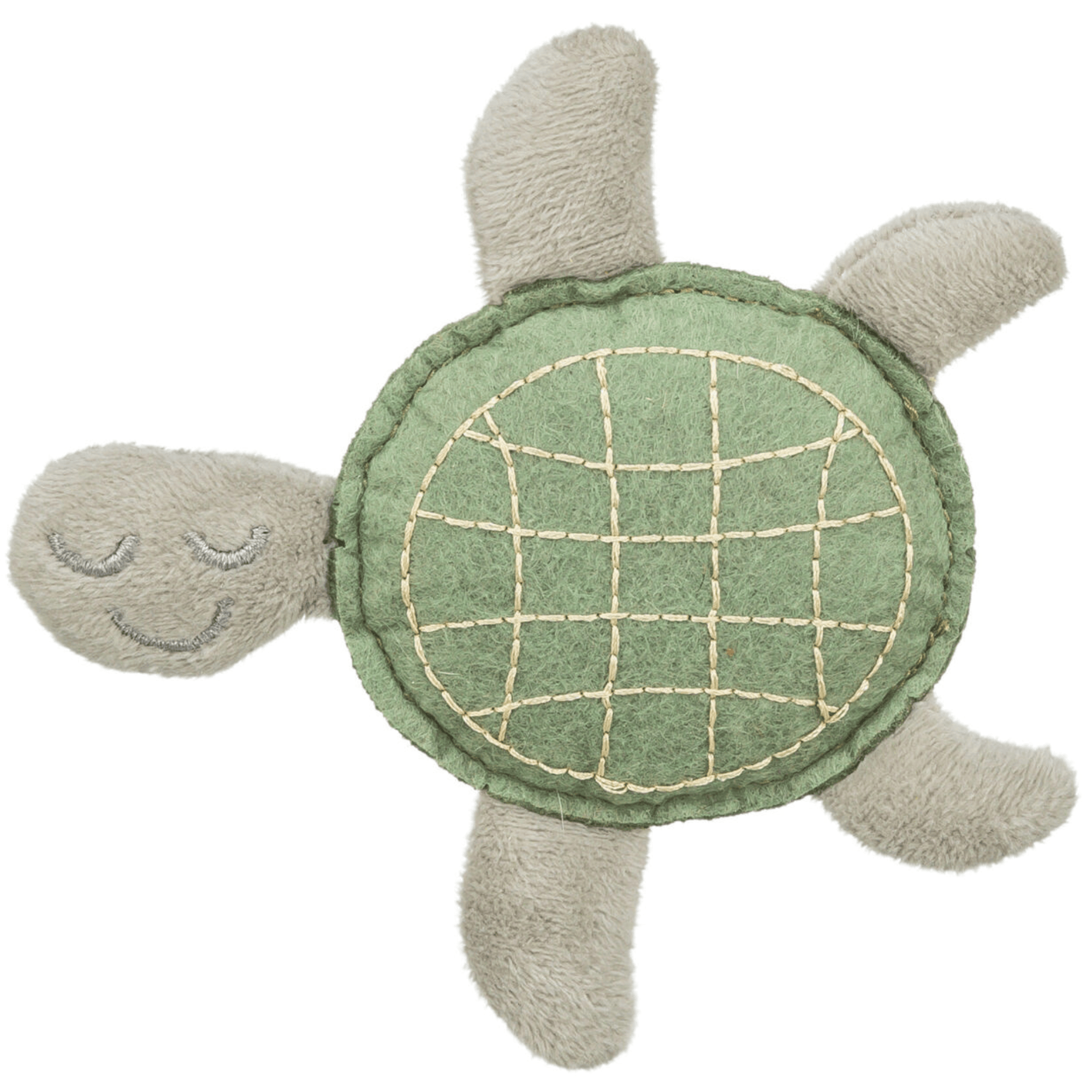 Trixie Felt & Plush Smiley Turtle Cat Toy with catnip featuring a green felt shell and soft plush limbs for interactive feline play.

