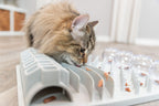 Long-haired cat enjoying the Trixie Fun Board interactive puzzle feeder with hidden cat treats and food rewards
