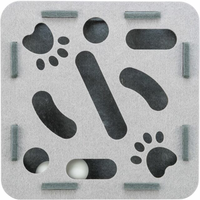 Close-up of the Trixie Hole 'n' Roll felt cat activity box with ball openings for interactive play
