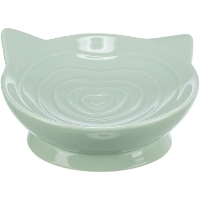 Trixie large elevated aqua ceramic cat food and water bowl with cat head shaped design