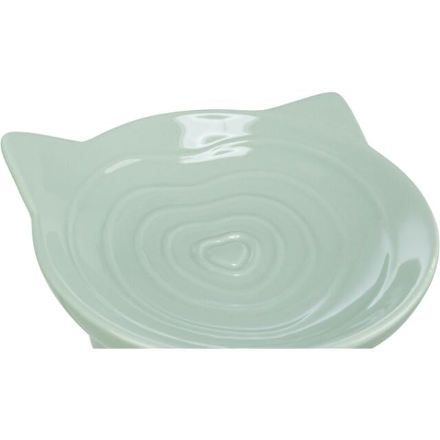 Too view of Trixie large elevated aqua ceramic cat food and water bowl with cat head shaped design