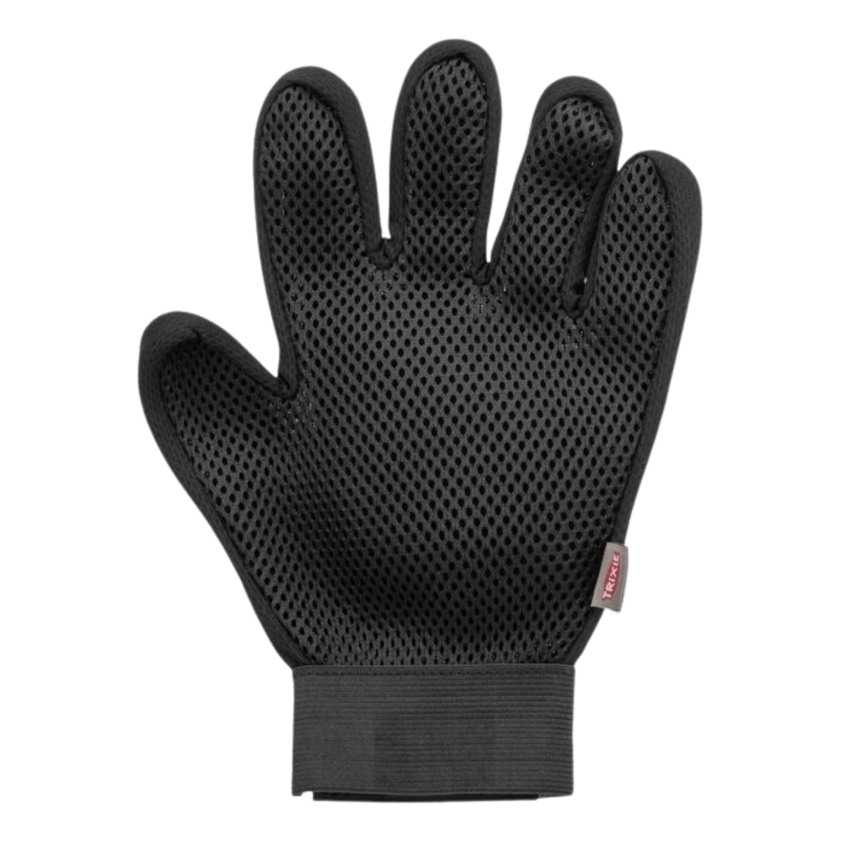 Breathable black mesh back and adjustable wrist strap on the Trixie Massage & Shine cat grooming glove