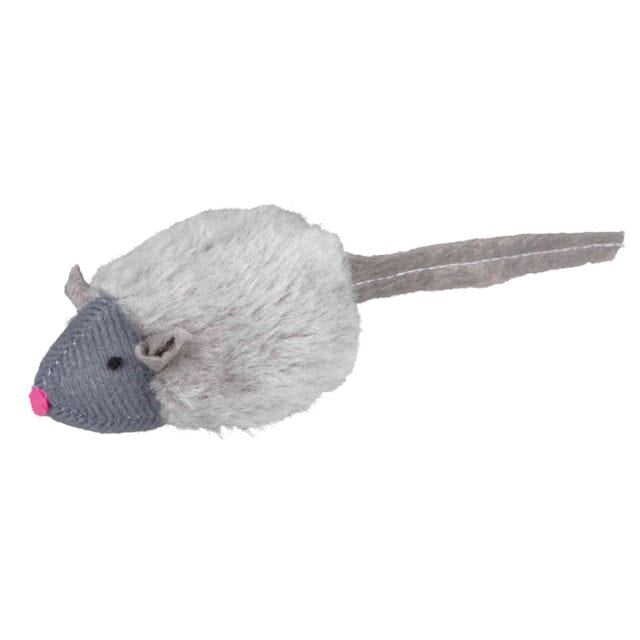 Grey Trixie Microchip Squeaky Mouse Cat Toy with catnip featuring fluffy plush fur, squeaker and long tail.