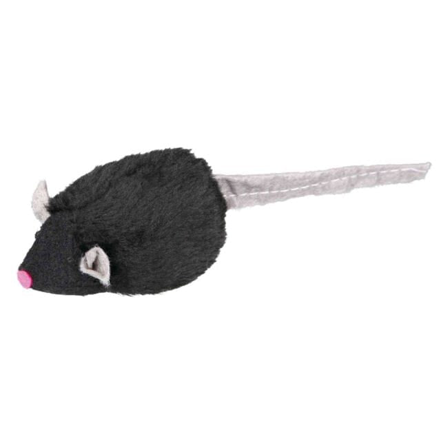 Black Trixie Microchip Squeaky Mouse Cat Toy with catnip and squeaker in a realistic mouse design.
