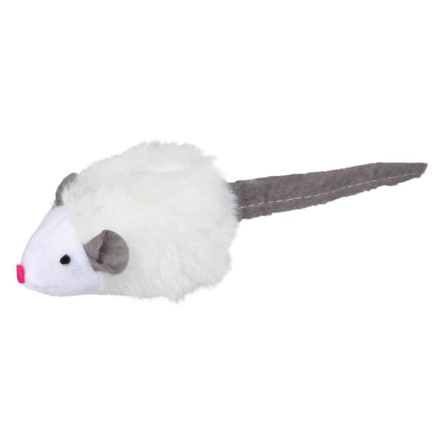 White Trixie Microchip Squeaky Mouse Cat Toy with catnip featuring soft plush fur and a long grey tail.