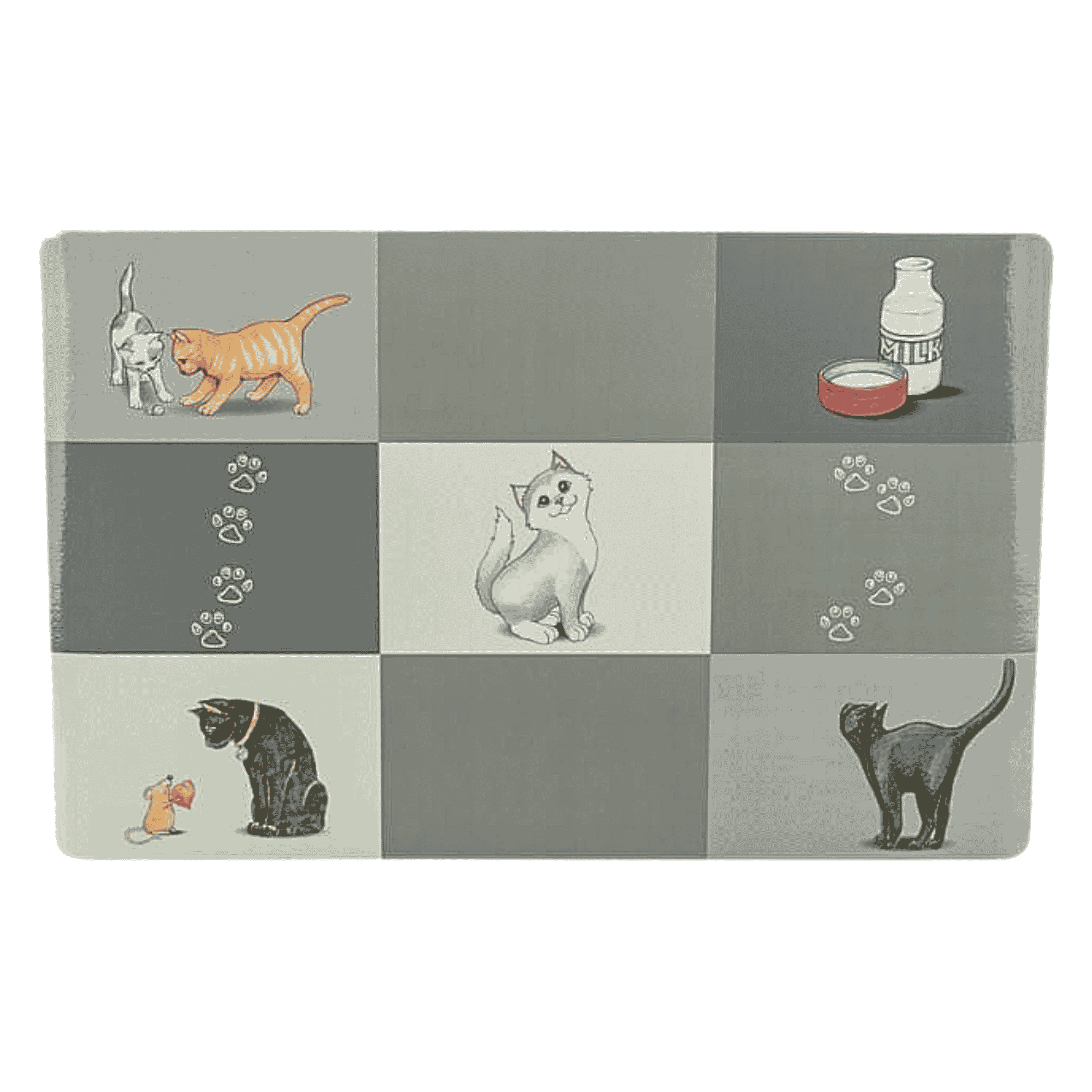 Trixie Patchwork Cat non slip food and water bowl placemat with grey cat design for cats