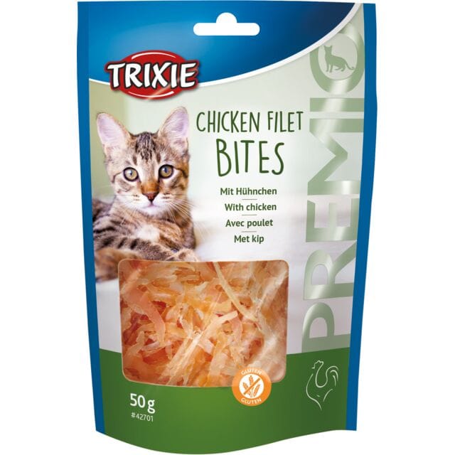 Trixie PREMIO Chicken Fillet Bites cat treats in a 50g resealable pouch.