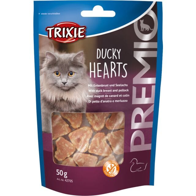 Trixie PREMIO Ducky Hearts cat treats with duck breast and pollock in a 50g resealable pouch.