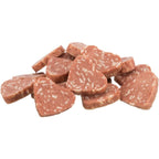 Close up of Trixie PREMIO Ducky Hearts cat treats with duck breast and pollock in a 50g resealable pouch.