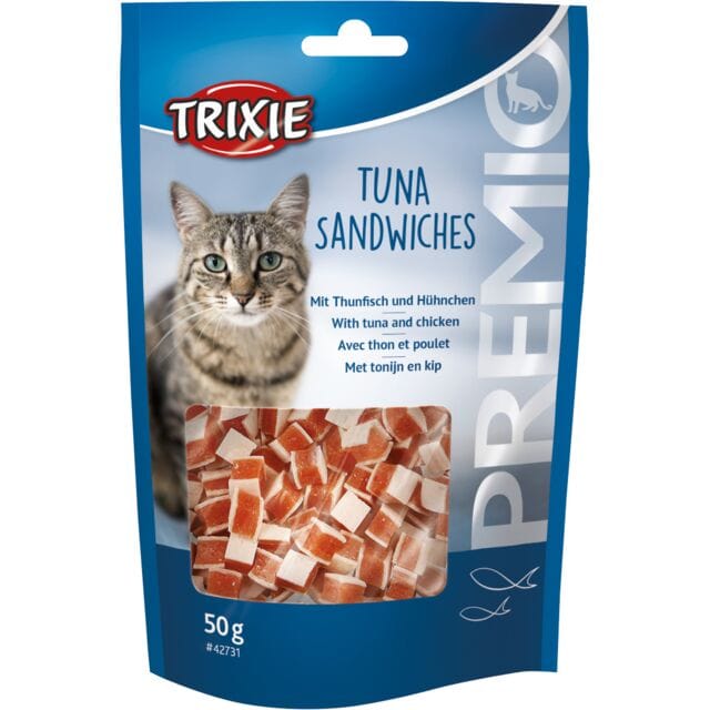Trixie PREMIO Tuna & Chicken Sandwiches cat treats in a 50g resealable pouch.