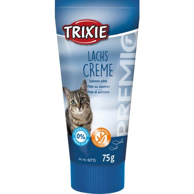 Trixie PREMIO Salmon Cream Pâté cat treat 75g in resealable tube with 36% salmon, gluten free and no added sugar.