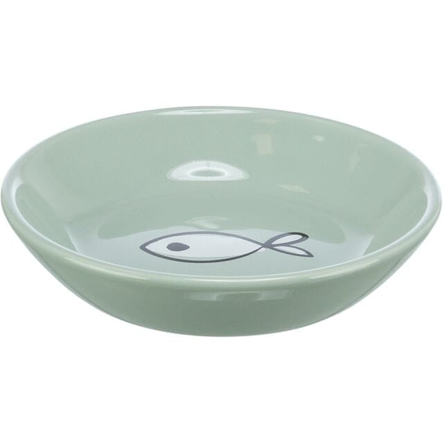 Aqua Trixie shallow ceramic cat food and water bowl with fish design inside for comfortable everyday feeding