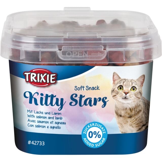 Trixie Kitty Stars soft cat treats with salmon and lamb in a 140g resealable tub.