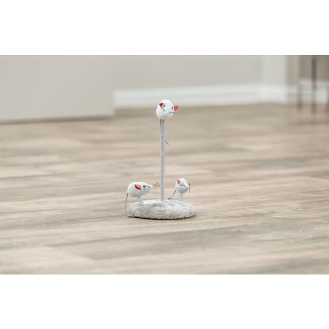 Trixie Wiggling Mouse catnip activity toy with three spring-mounted plush mice for cats and kittens in a room
