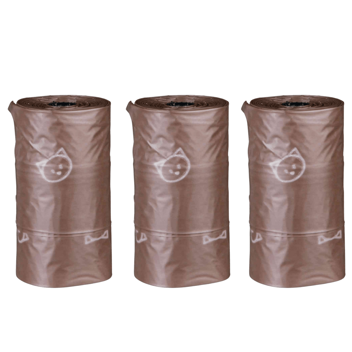 Three rolls of Trixie compostable cat litter waste bags made with corn starch and decorated with cute little kitty faces