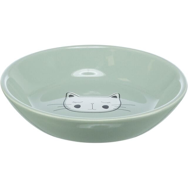 Aqua Trixie shallow ceramic cat food and water bowl with cat design inside for comfortable everyday feeding