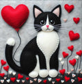 Luxury tuxedo cat greeting card featuring a black and white cat beside a red heart-shaped balloon surrounded by stitched red and white hearts, blank inside with coordinating cream envelope.