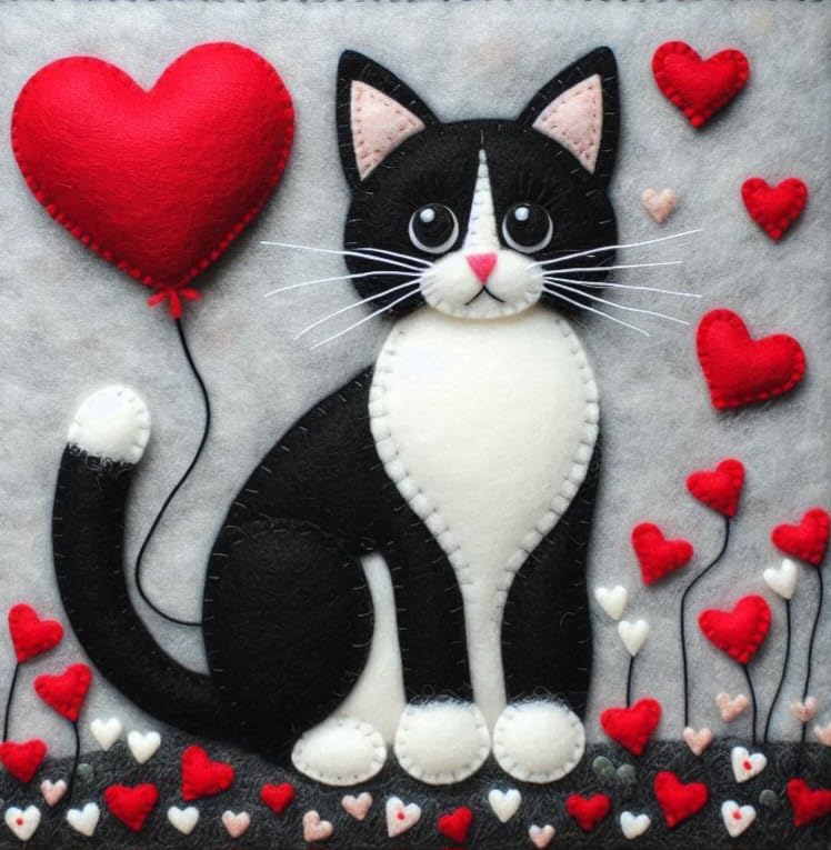 Luxury tuxedo cat greeting card featuring a black and white cat beside a red heart-shaped balloon surrounded by stitched red and white hearts, blank inside with coordinating cream envelope.