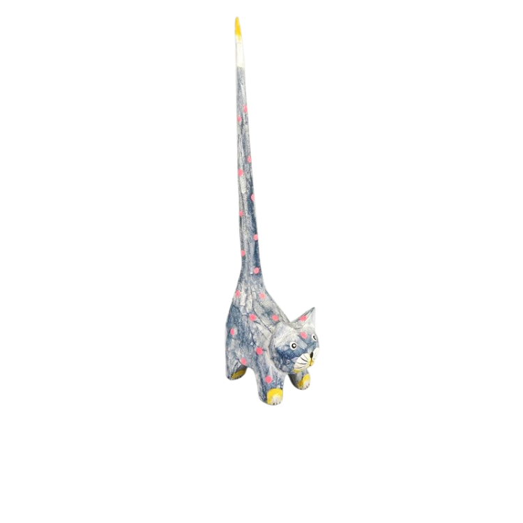 Fair Trade Tall Tail Wooden Spotty Cat - Blue