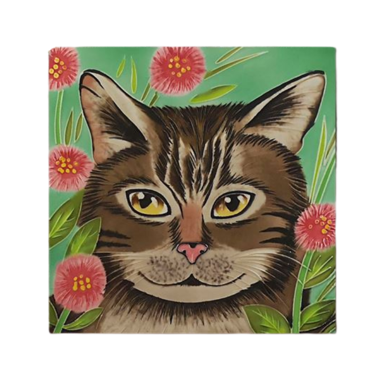 Handcrafted Decorative Tabby Cat Tile 8x8"