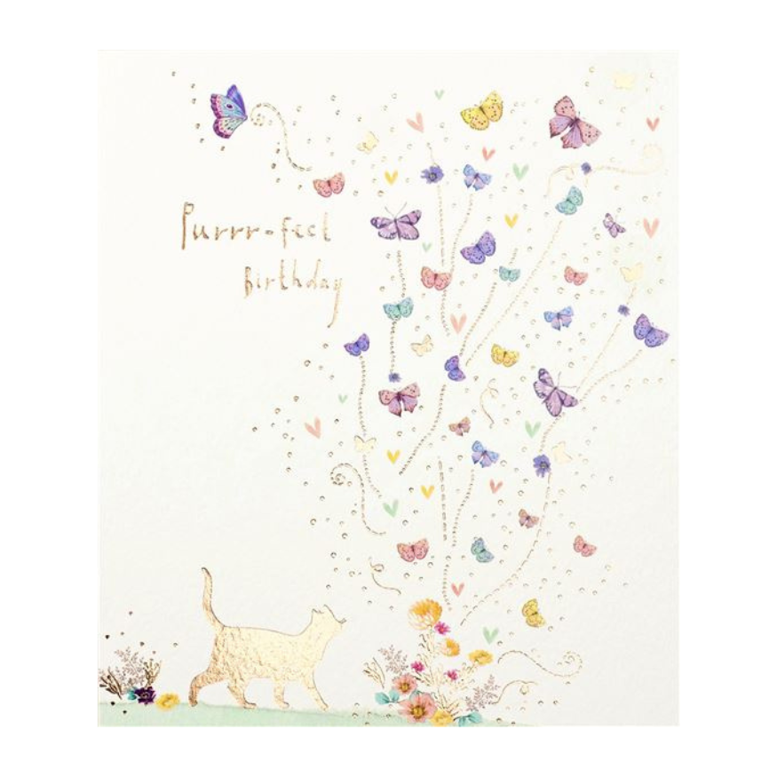 Cat with Butterflies Purrfect Birthday Card with Gold Foil