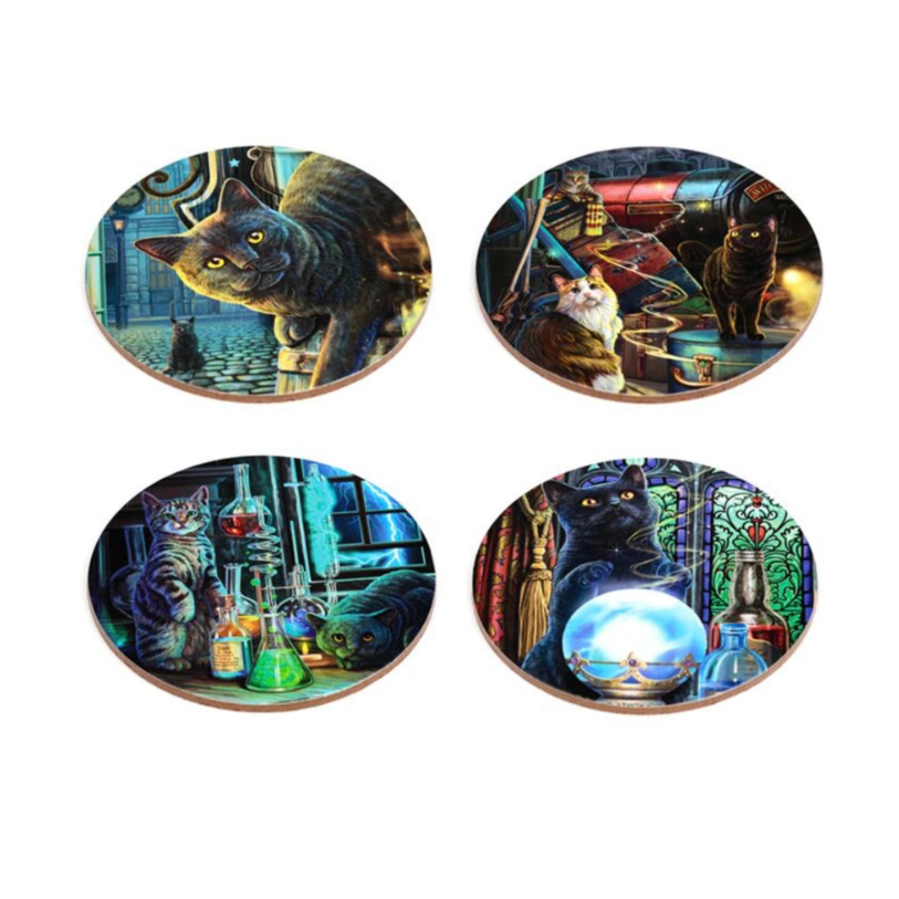Four round coasters with cat-themed designs on a white background
