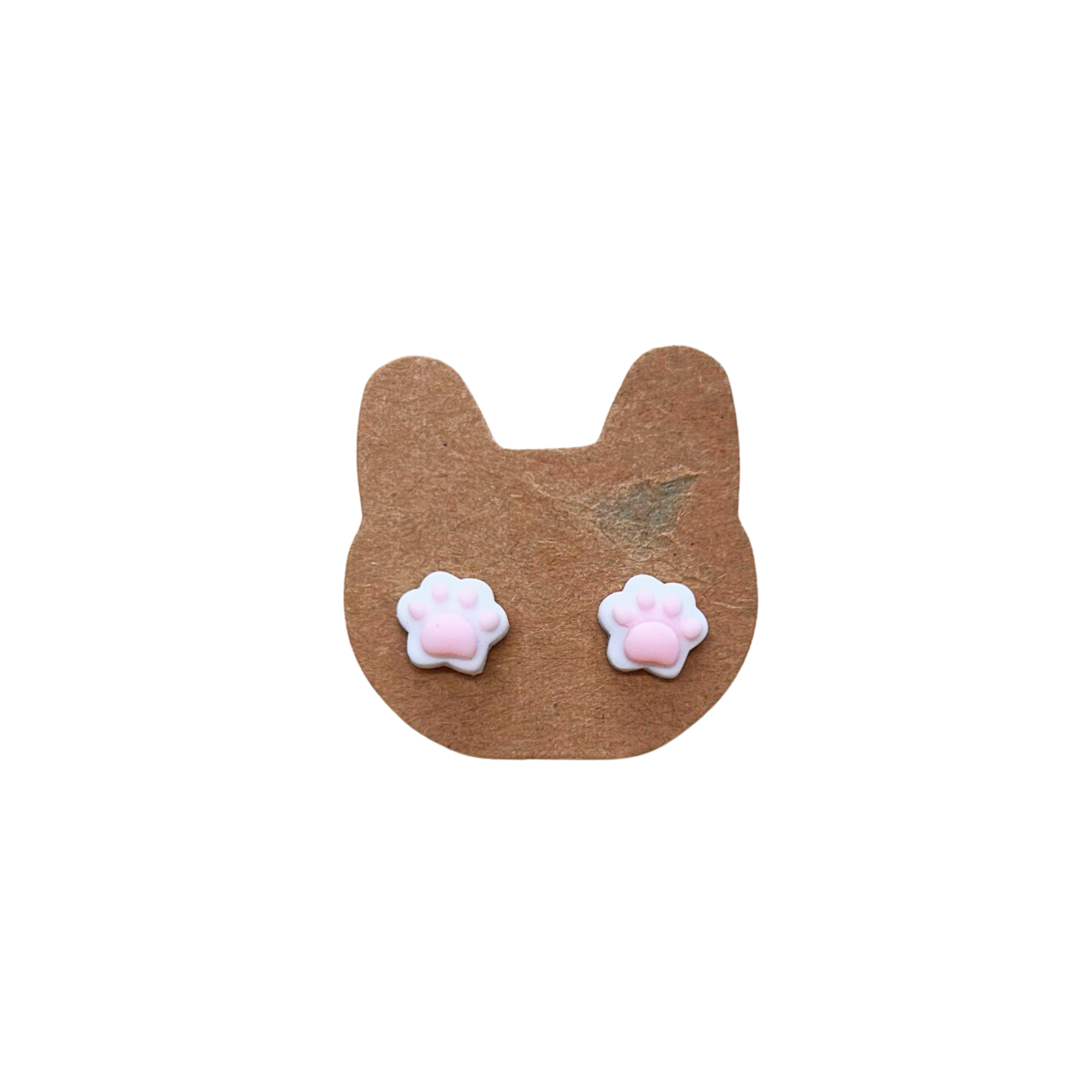Cat Earrings - Pink Toe Beans on White Paws Studs