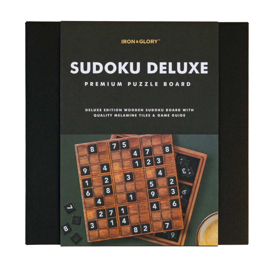 Packaging of Sudoku Deluxe luxury wooden puzzle board and tiles showing the product and brand name, Iron & Glory, on a black background.
