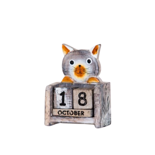 Fair Trade Handmade Wooden Cat Perpetual Calendar