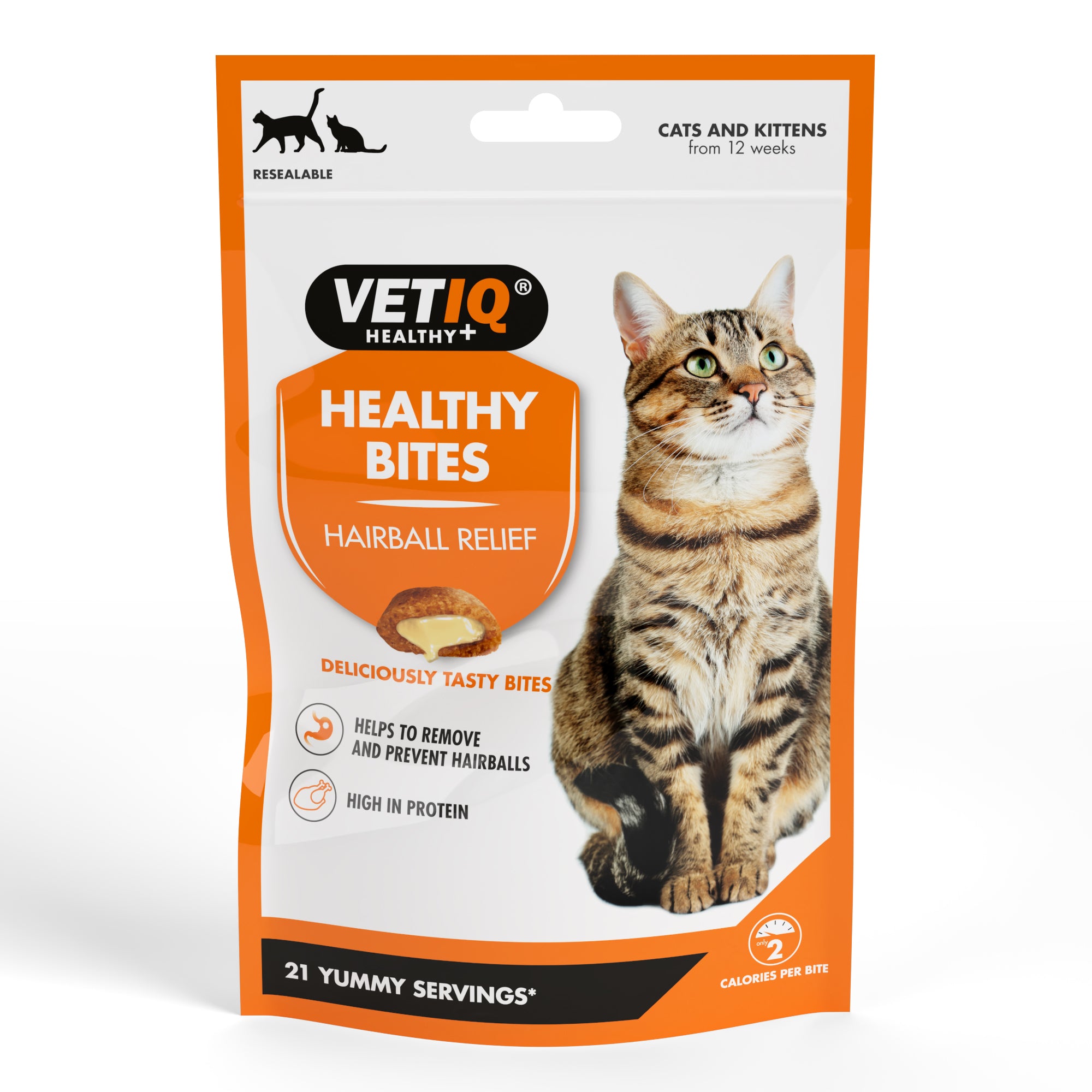 VetIQ Healthy Bites Hairball Relief Cat Treats 65g cream-filled chicken treats for cats and kittens in resealable pouch