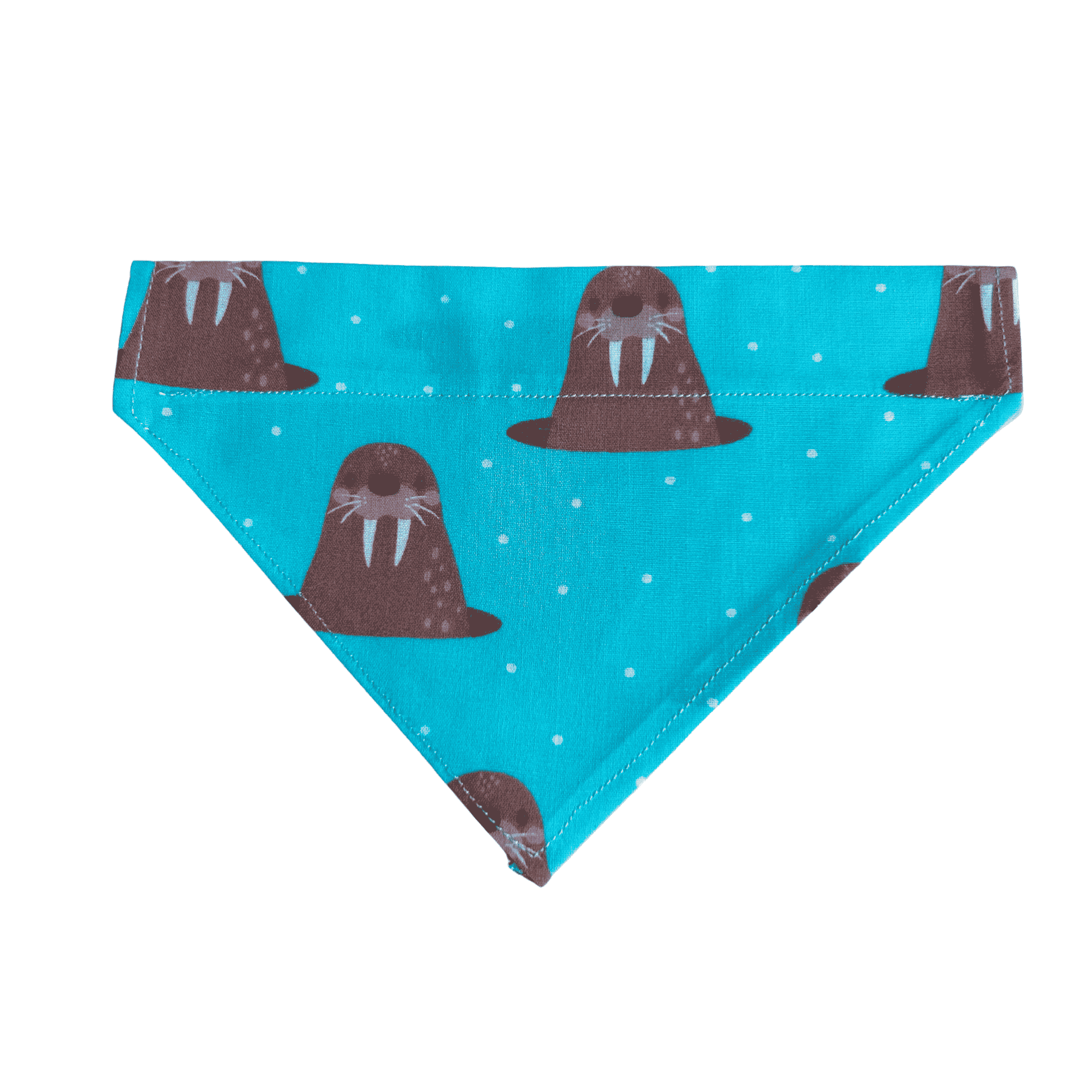 Handmade turquoise over-the-collar cat and dog bandana featuring a cute walrus print on quality polycotton fabric.