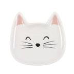 White cat face ceramic jewellery trinket dish with glossy finish, pink pointed ears, smiling eyes, black nose and delicate whiskers