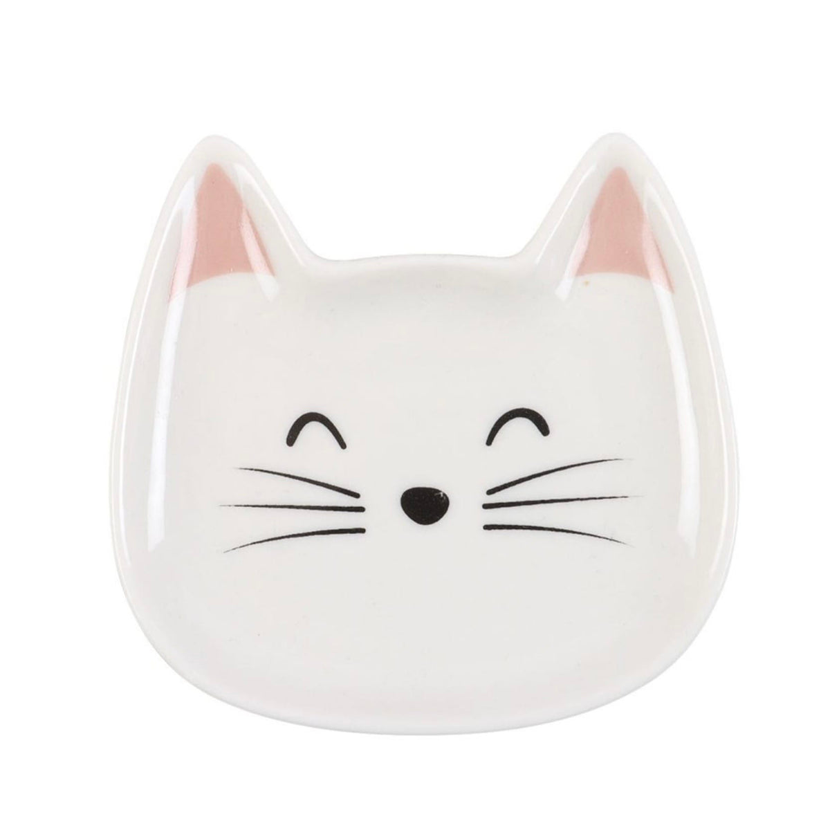 White cat face ceramic jewellery trinket dish with glossy finish, pink pointed ears, smiling eyes, black nose and delicate whiskers