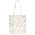 White polycotton tote shopping bag with long handles and black outlined illustrations of cats sitting, stretching and snoozing