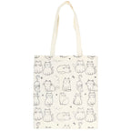 White polycotton tote shopping bag with long handles and black outlined illustrations of cats sitting, stretching and snoozing