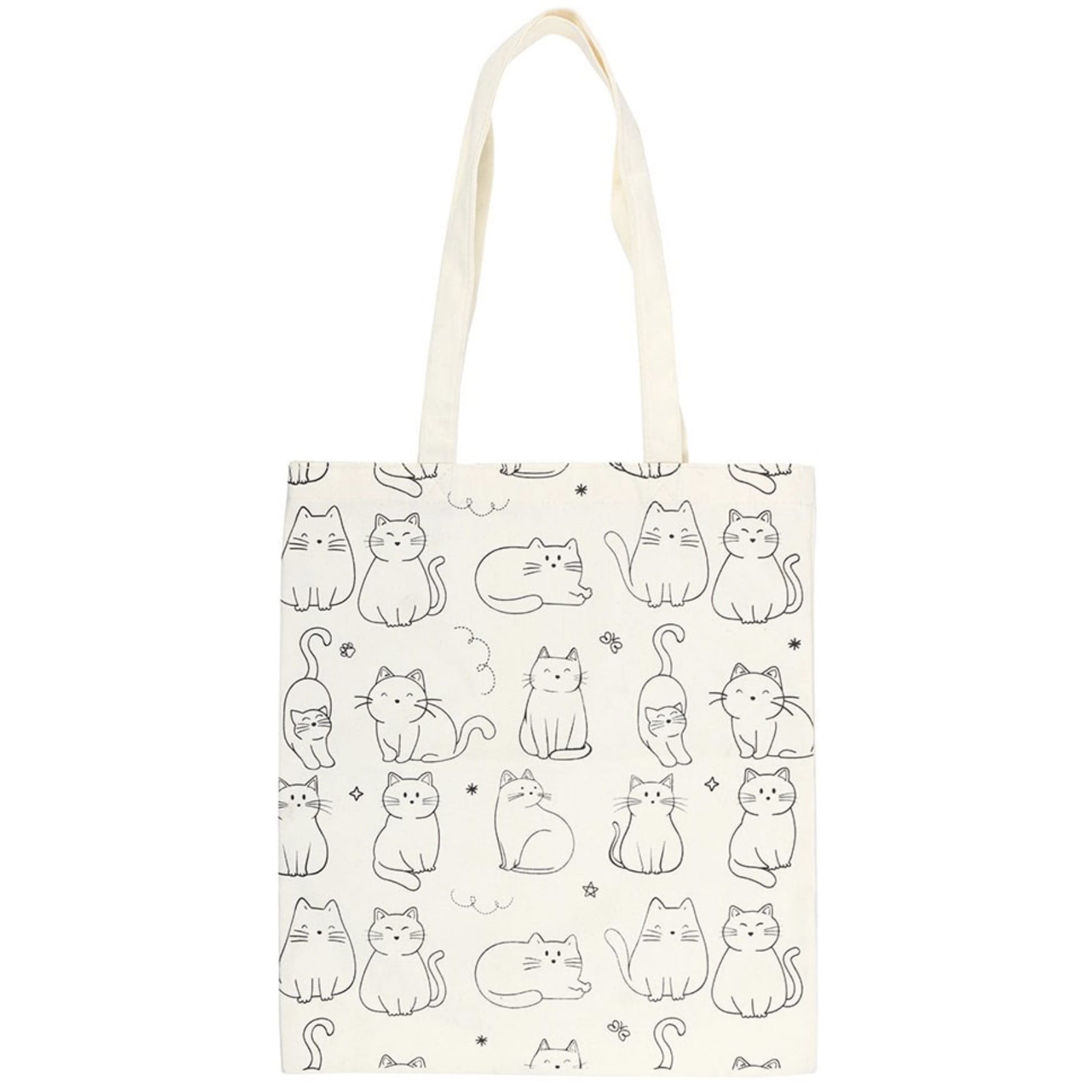 White polycotton tote shopping bag with long handles and black outlined illustrations of cats sitting, stretching and snoozing