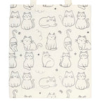 Close-up of the reusable white polycotton tote bag featuring black line drawings of cats in a variety of playful poses
