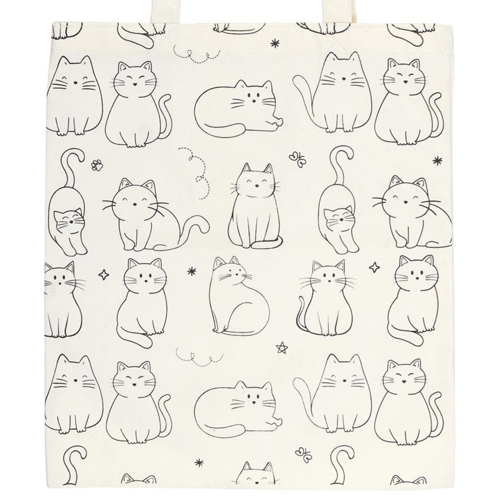 Close-up of the reusable white polycotton tote bag featuring black line drawings of cats in a variety of playful poses