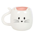 White cat shaped ceramic mug with cute whiskered face, 3D ears, pink interior and unique tail handle, 500ml capacity.