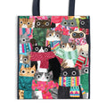 Galison Wintry Cats reusable recycled shopping bag featuring colourful cats wrapped in patterned winter scarves, with black handles and festive pink, green and blue details