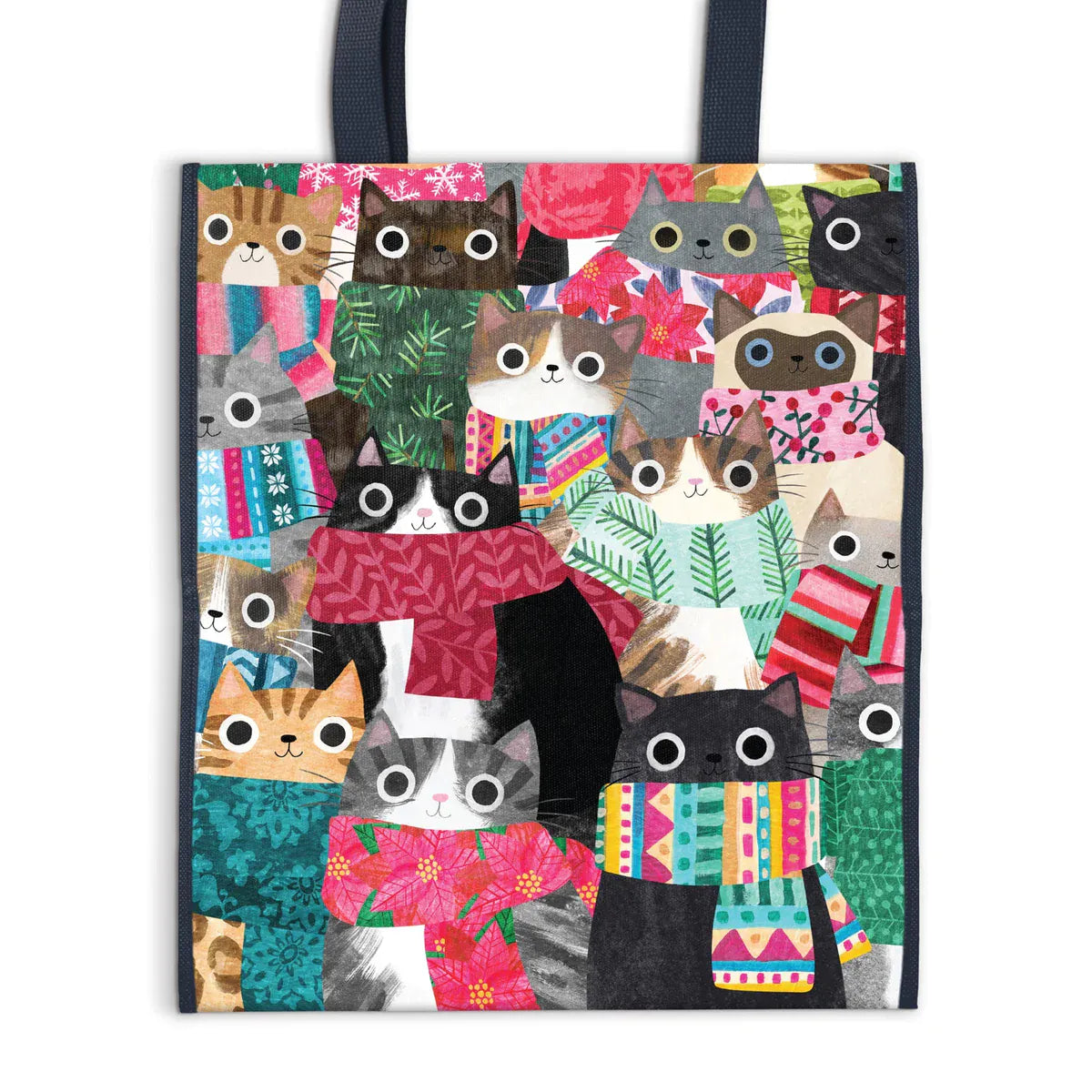 Galison Wintry Cats reusable recycled shopping bag featuring colourful cats wrapped in patterned winter scarves, with black handles and festive pink, green and blue details