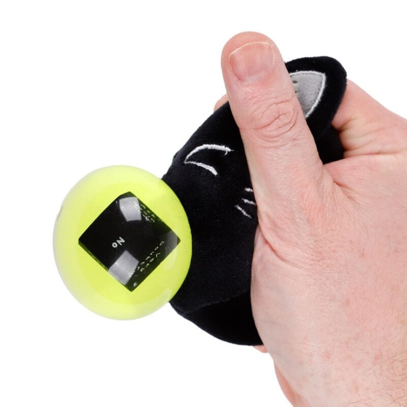 Green fortune teller ball popping out of Lucky the Black Cat plush