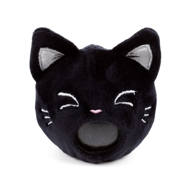 Lucky the Black Cat plush fortune teller toy with smiling closed eyes
