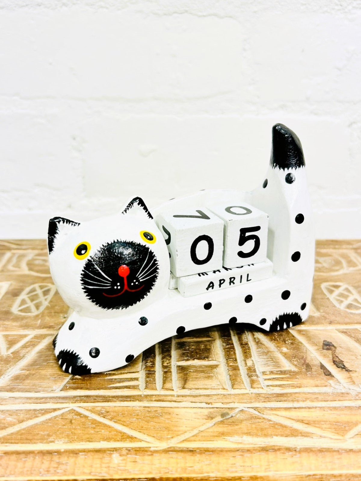 Fair Trade Handmade White Spotty Cat Perpetual Calendar