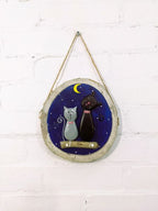 Fair Trade Handmade 2 Cats on Log Moon Painting